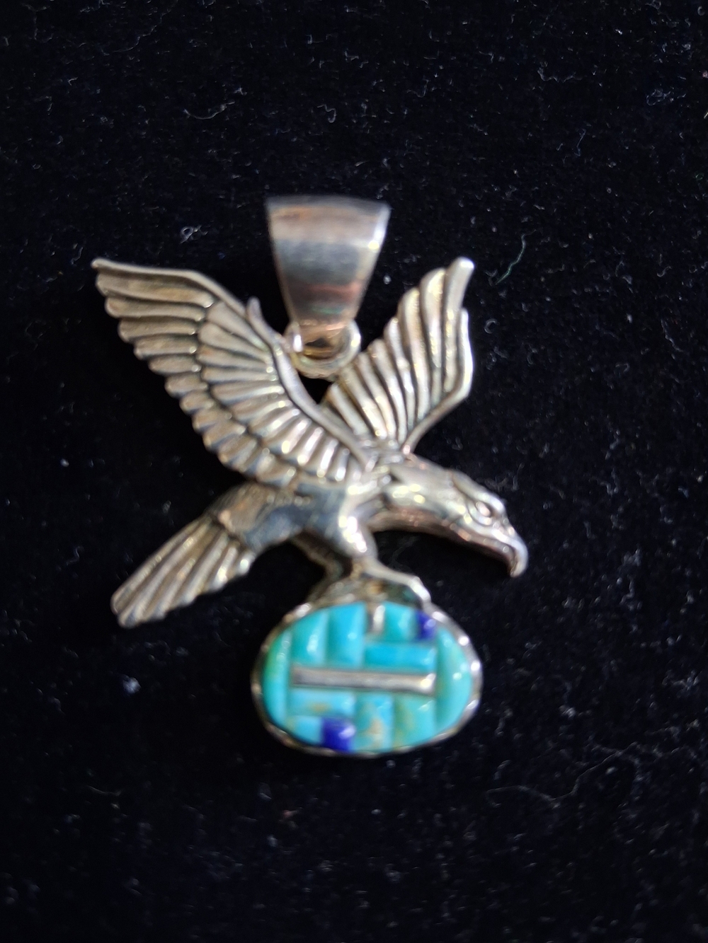 Vintage Sterling Silver Native American Style Eagle Inlay Pendant with Turquoise